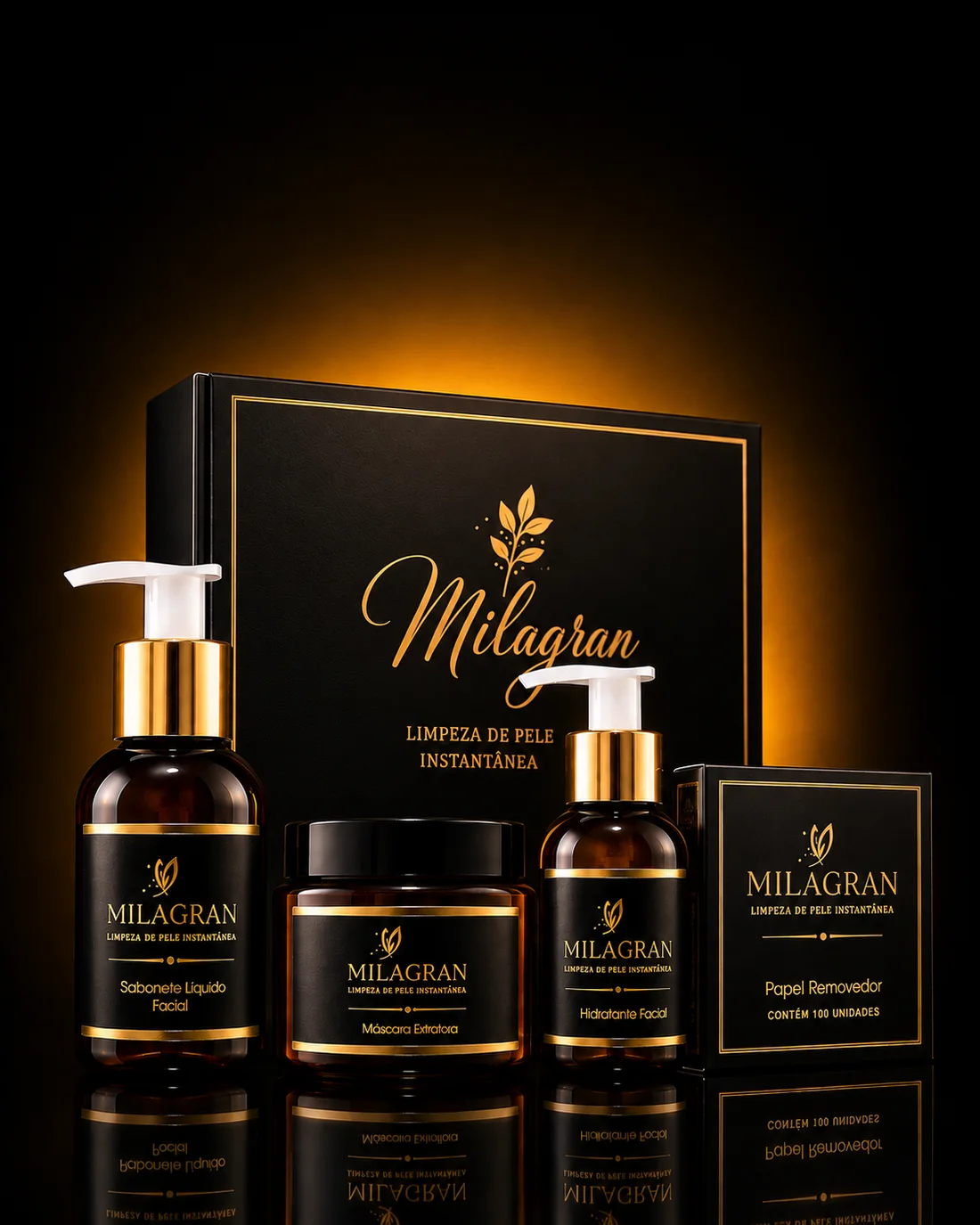 O Kit Milagran completo: a caixa preta com o nome em dourado e, à frente, o sabonete líquido facial, a máscara extratora, o hidratante facial e a caixa do papel removedor
